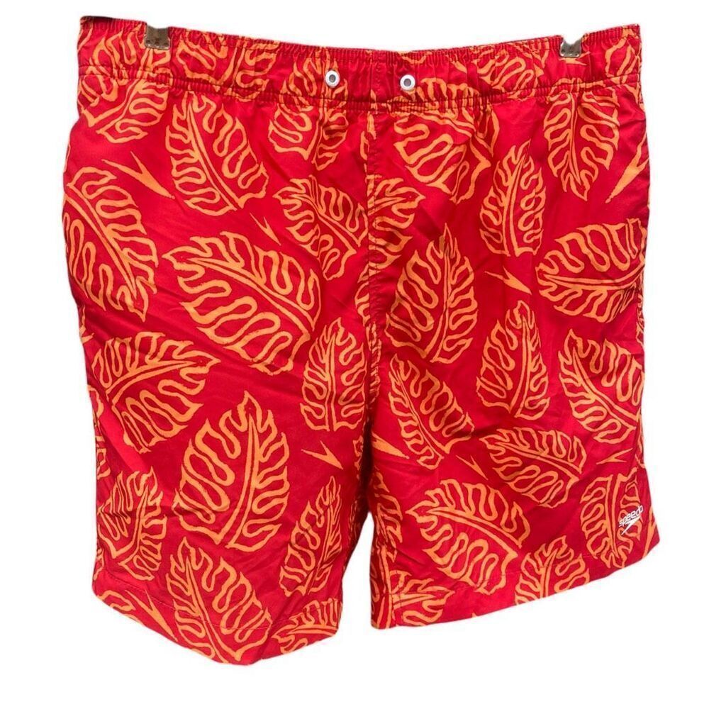 Speedo size L leaf print red orange swim trunks